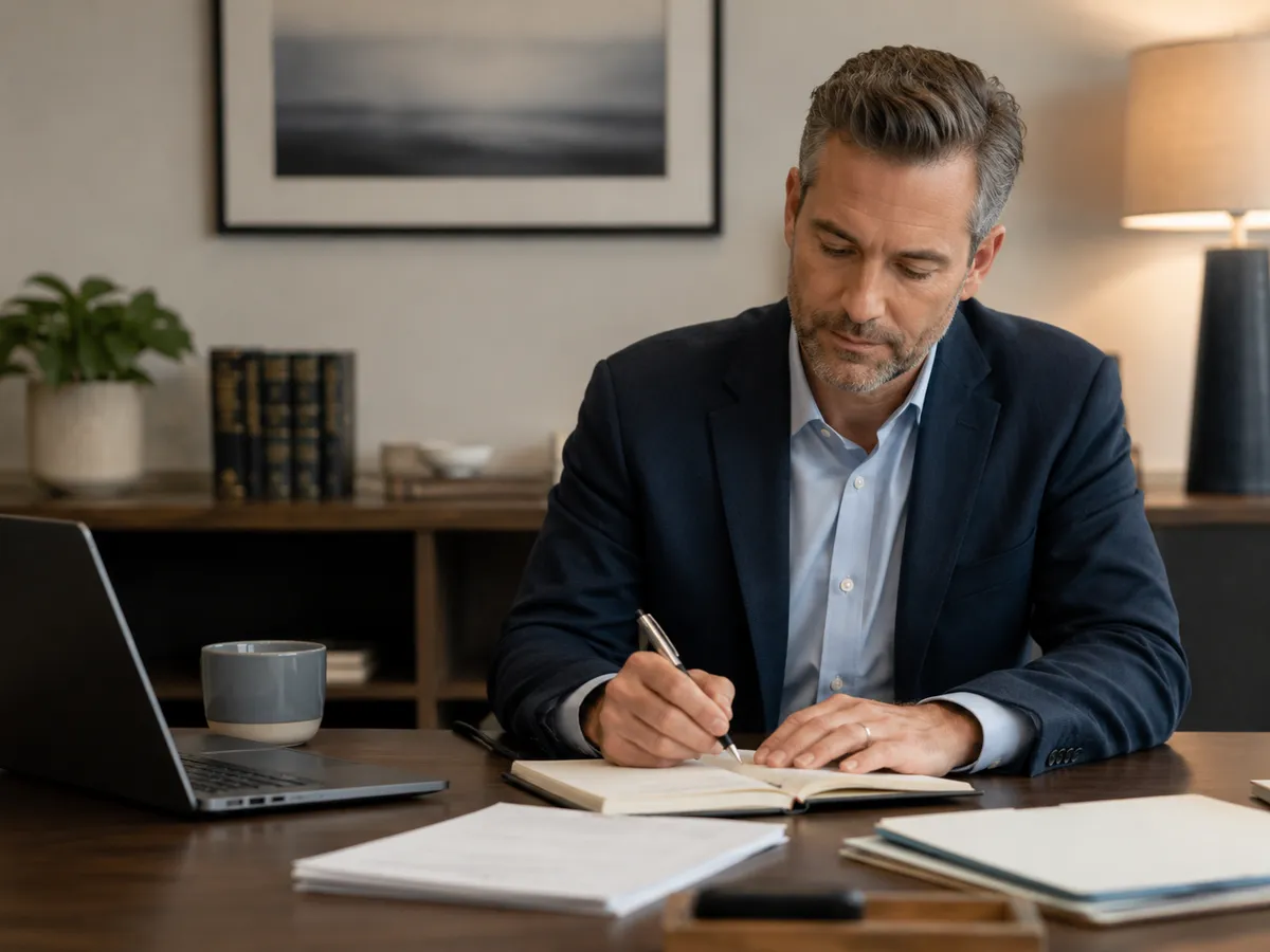 Two office professionals reviewing notes together at a desk